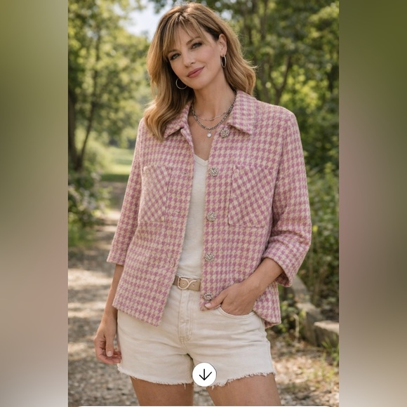 CeCe Jackets & Blazers - CeCe Pink & Cream Houndstooth Jacket with Crystal Buttons  2X